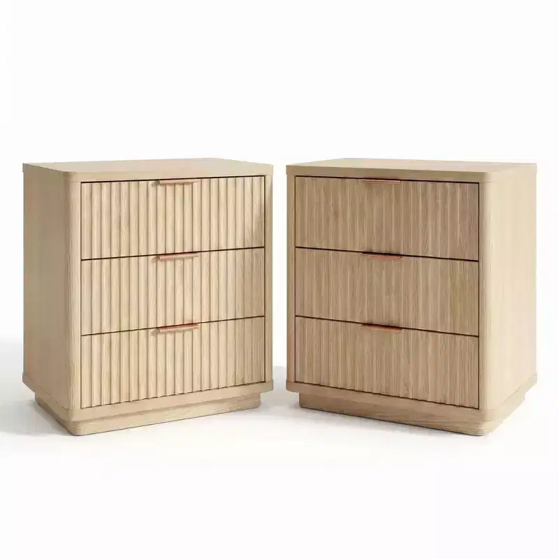 Modern Nightstand Set of 2 with Charging Station, Wood Bedside Table with 3 Drawers End Table for Bedroom