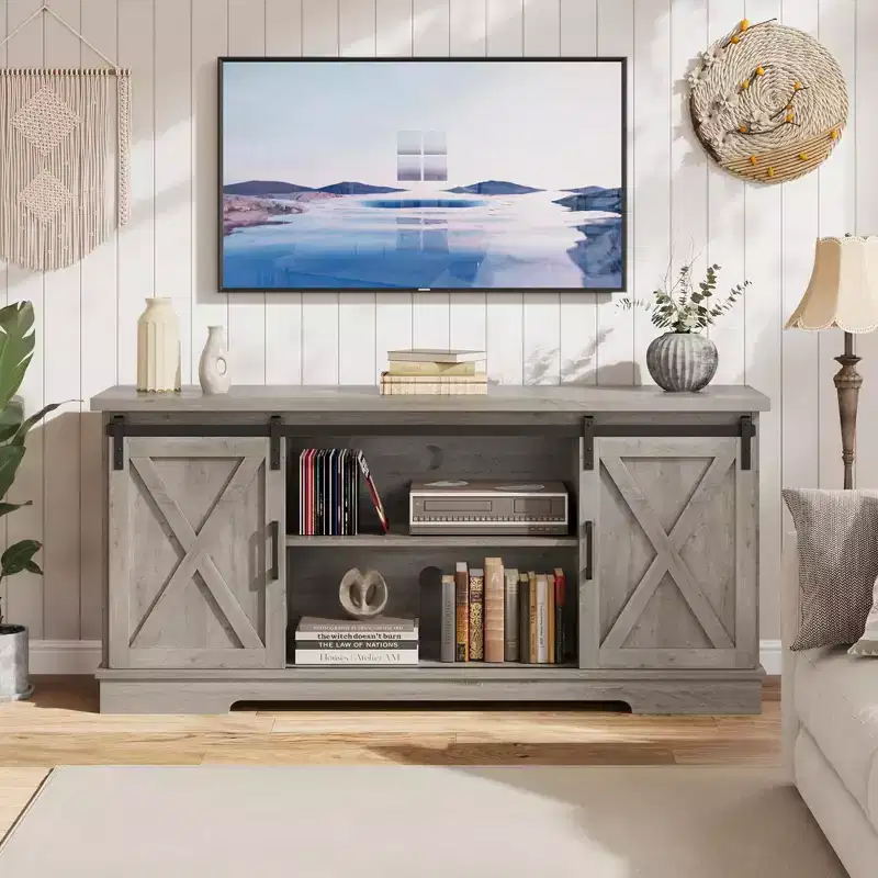 Farmhouse TV Stand for 65 Inch TV, Entertainment Center TV Media Console Table, White TV Stand with Barn Doors, Storage and Shelves