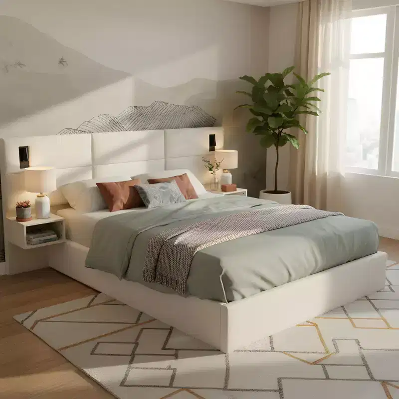Lili Wooden Chenille Upholstered Platform Bed with Headboard and Reading Lamp