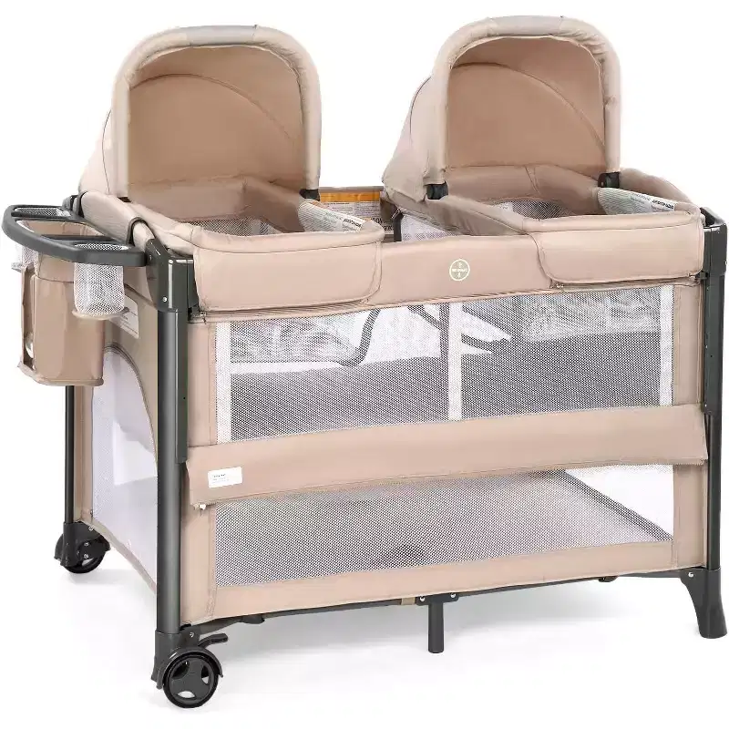 Twin Bassinet for Baby, Beige Bedside Bassinet, Convertible to Bedside Sleeper and Playpen, with Wheel, Brake, Foldable Side Sleeper,Beige