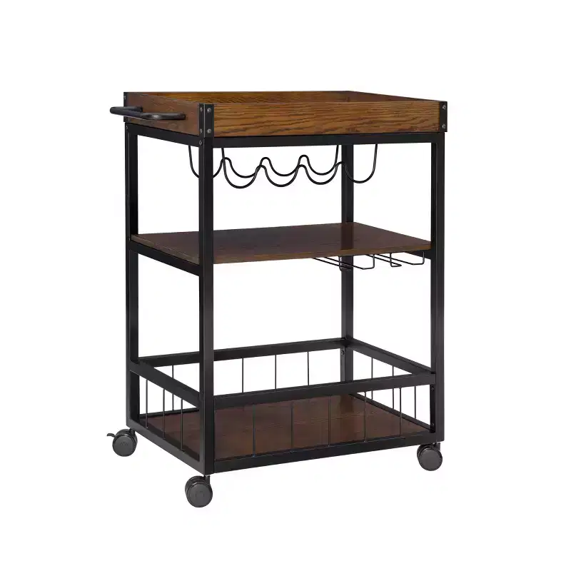 Austin Industrial Metal/Wood Kitchen Cart 3 Shelfs Bottle & Glass Racks Storage on Wheels - Linon