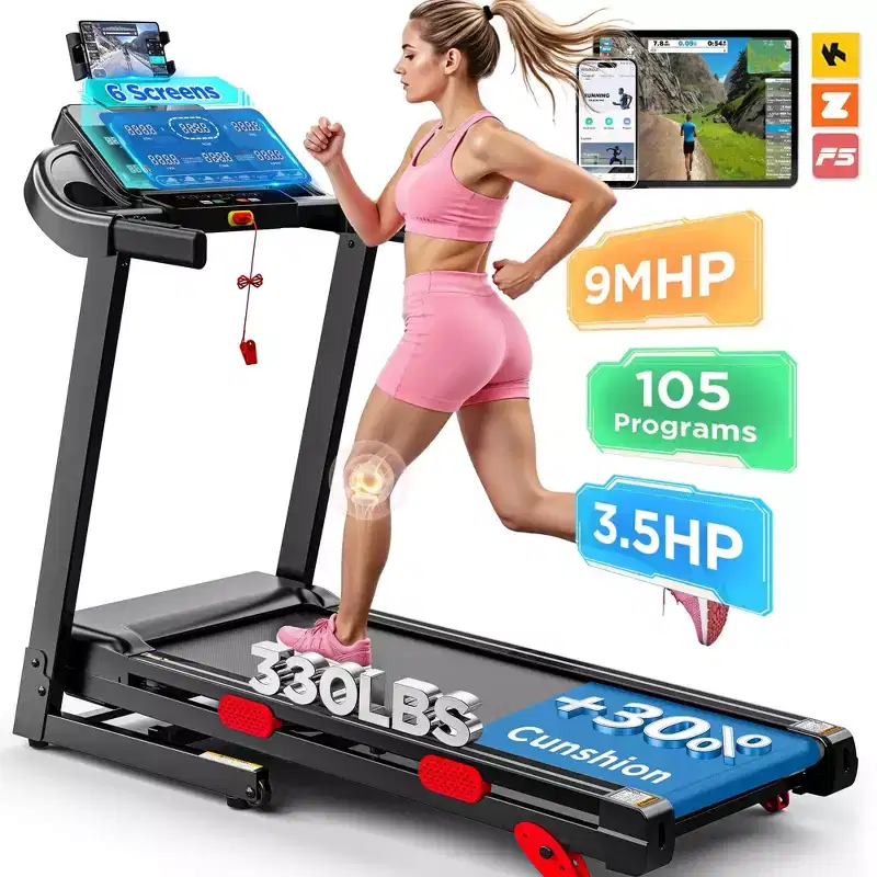3.5HP 9MPH Treadmill,330LBS Capacity,Folding Home Treadmill w/ Incline&105 Program,Virtual Run w/ APP,Air Damping,Portable Treadmill Jogging Walking