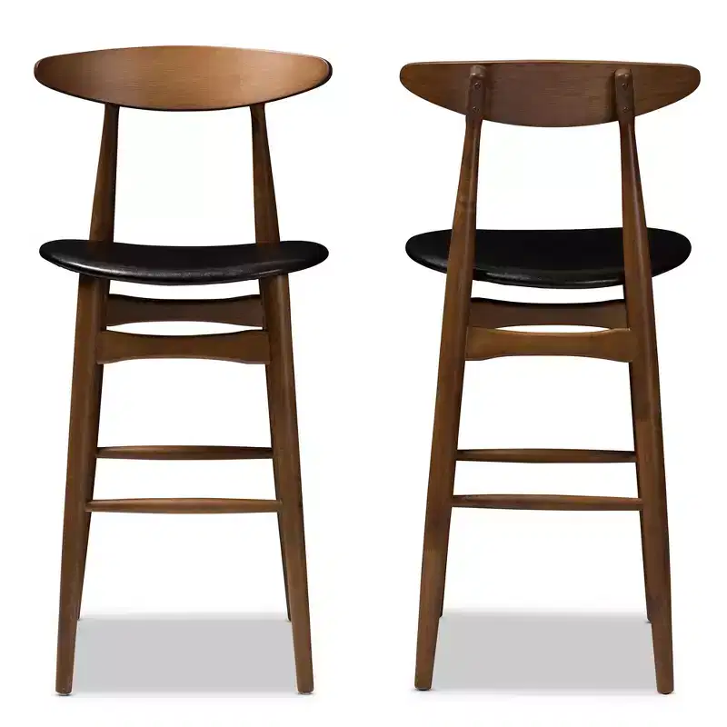 Set of 2 Flora Mid-Century Modern Walnut Finished Wood Upholstered Barstools Black - Baxton Studio: Faux Leather, Curved Back, Fixed Height