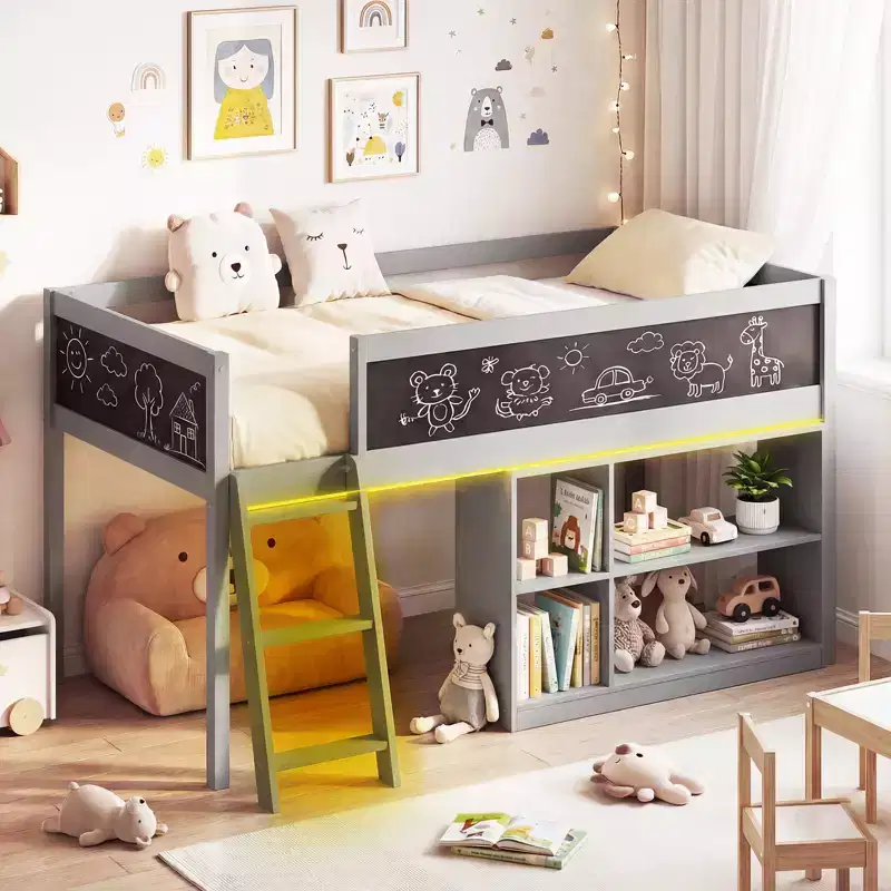 Costway Kids Loft Bed w/LED Lights Chalkboard & Removable Bookcase Safety Guardrail