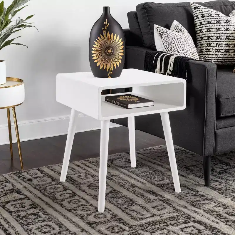 White Mid-Century End Table with Open Shelf, for 1