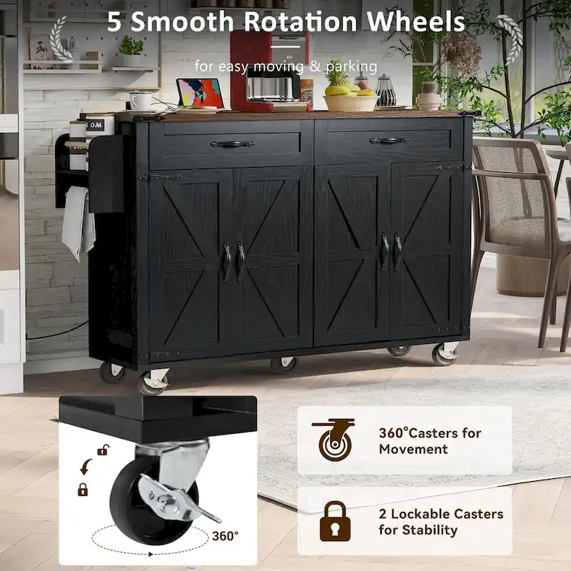 53.5 Farmhouse Kitchen Island Cart with Power Outlet, Drop Leaf, Spice Rack, and 2 Drawers, 5 Wheels