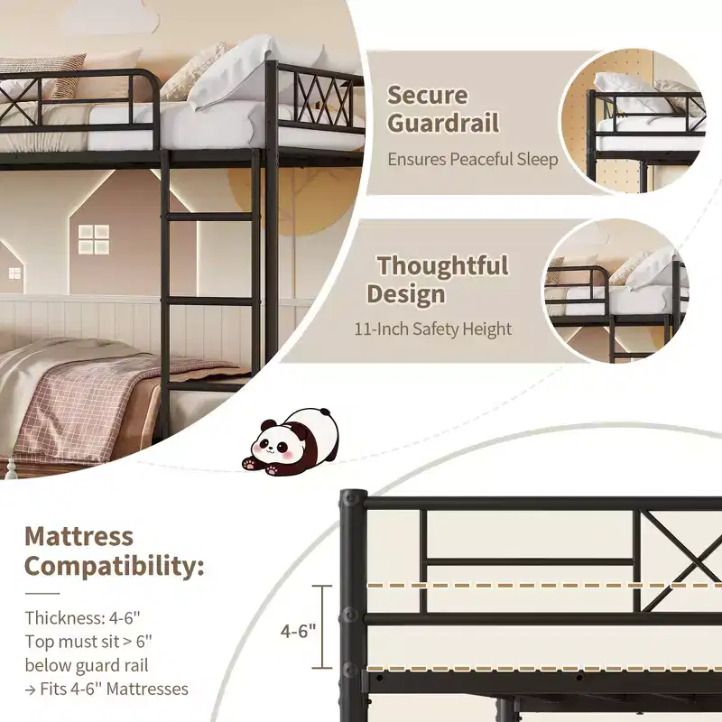 Bunk Bed Twin Over Twin with Extra High Guardrail, Heavy Duty Metal Frame & Sturdy Slats, No Box Spring Needed