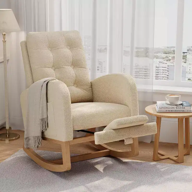 Teddy Fleece Nursery Rocking Chair - Modern Glider High Backrest Sturdy Wooden Legs Comfortable Accent Rocker for Living Room Bedroom Nursery