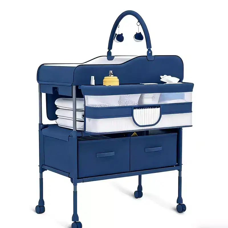 Portable Adjustable Baby Changing Table with Wheels, 2 Drawers & Waterproof Top, Collapsible Diaper Station, Mobile Nursery Organizer for Newborns