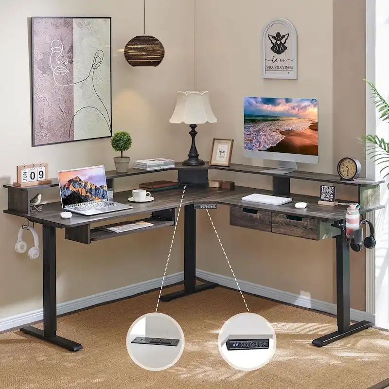 L-Shaped Electric Standing Desk, Height Adjustable, RGB LED, Carbon Fiber Black / Dark Rustic Oak / Antique White, 1-Person