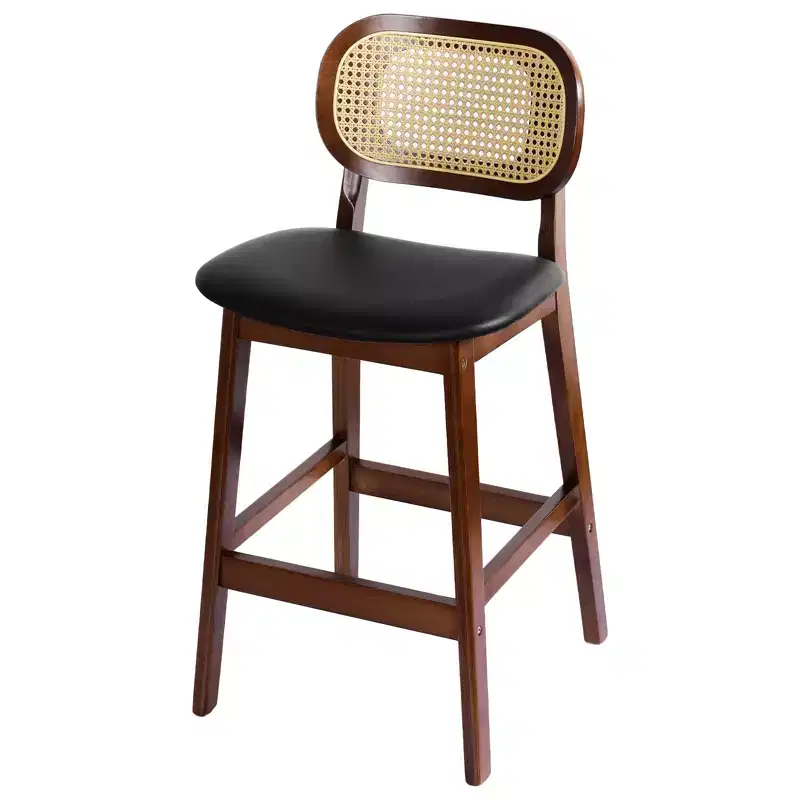 Mid Century Modern Rattan Bar Stools, Counter Height with Faux Leather or Boucle Fabric Upholstery