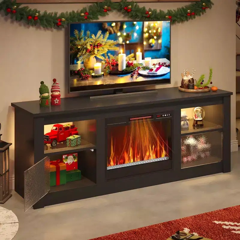 Bestier 63 Fireplace TV Stand for TVs up to 70, Media Console with Cabinets & Shelves, LED Entertainment Center with Remote Control Fireplace Heater