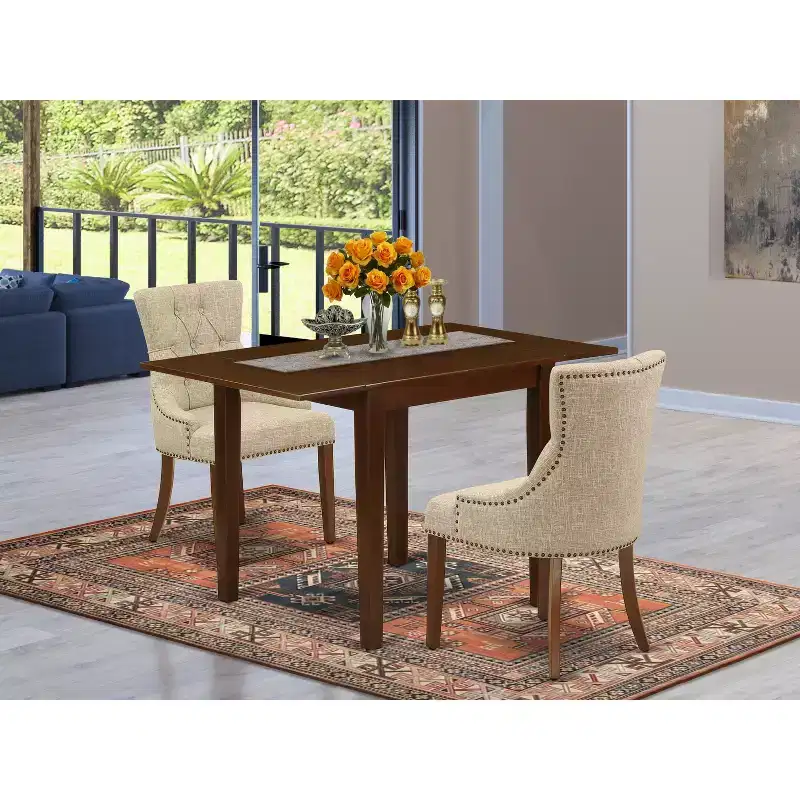 HomeStock 3 Piece Kitchen Table & Chairs Set Mahogany Linen Fabric Parsons Style