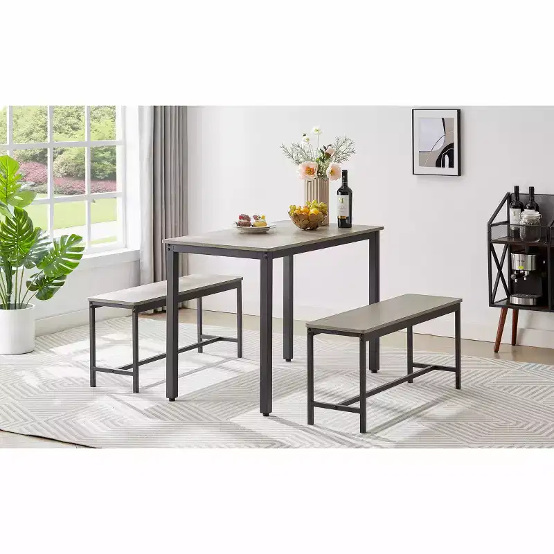 CuisinSmart 3 Piece Dining Table Set, Dining Room Table Set with Benches, Steel Frames, Industrial Bar Table Set, Dining Table Set, Grey