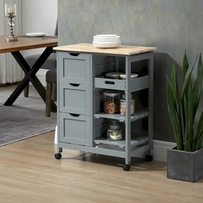 Rolling Kitchen Island Cart with Wood Top, Shelves and Drawers