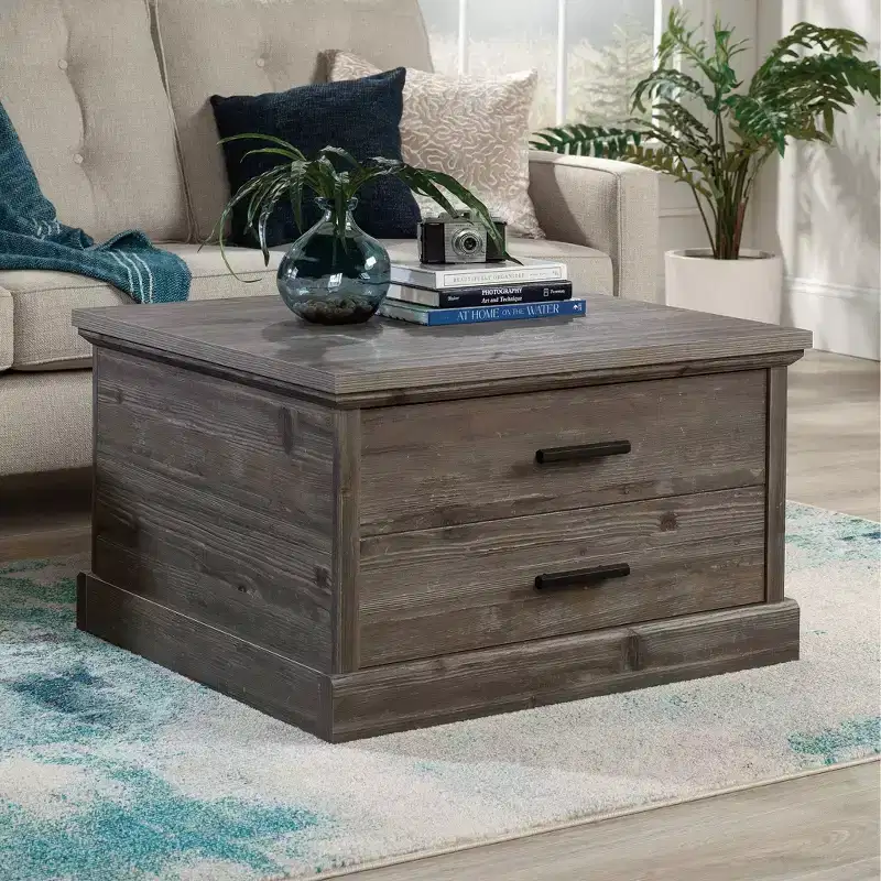 Sauder Aspen Post Square Coffee Table Pebble Pine: Farmhouse Style, MDF with Metal Hardware, Meets CPSC Standards