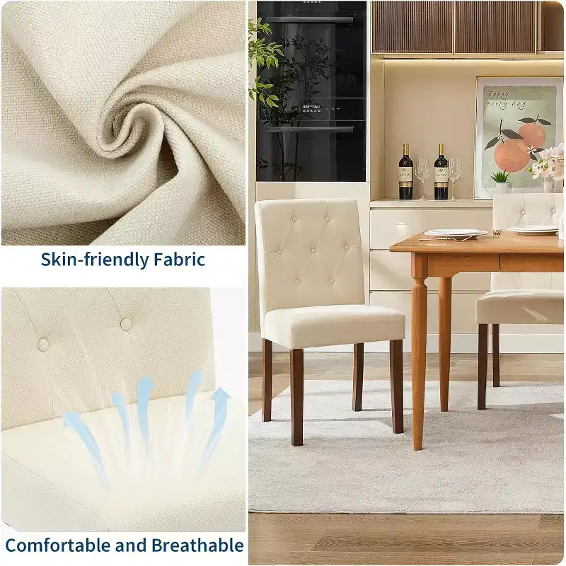 Button Tufted Parsons Dining Chairs Set of 2, Upholstered Fabric Kitchen Chairs with Padded Seats & Wood Legs, Living Room Kitchen Furniture