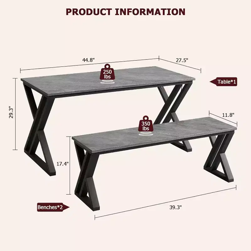 Dining Table Bench Set for 4, Kitchen Table Set with 2 Benches, Rectangular Dining Room Table Set with Sturdy Metal Frame, Grey