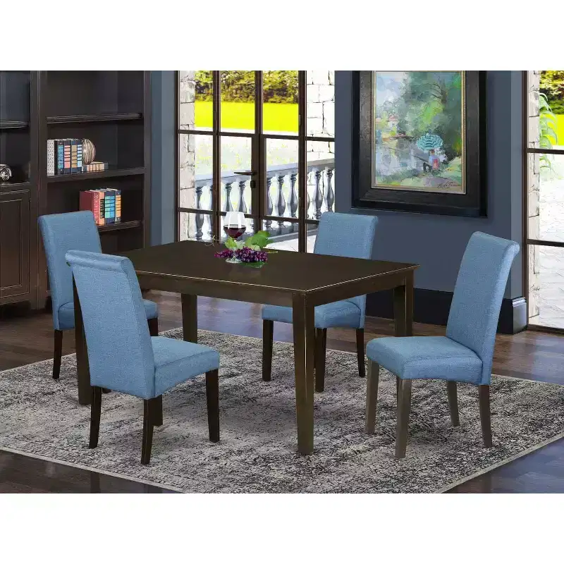 Coastal Kitchen Table Set 5 Piece - Linen Blue Fabric Chairs & Cappuccino Legs - Dining Room Table