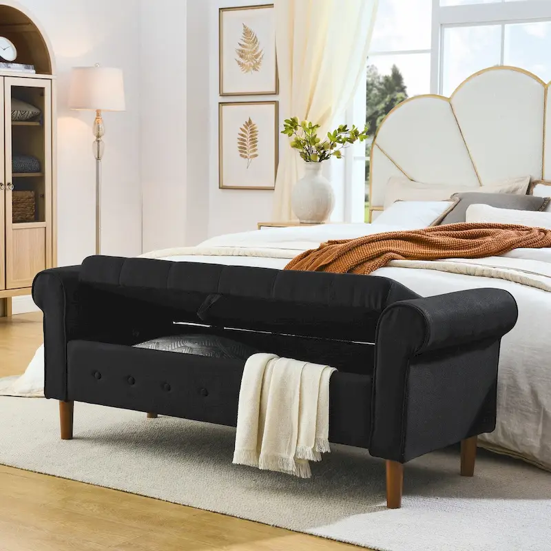 62 Bedroom Tufted Button Storage Bench, Modern Fabric Upholstered Ottoman,Window Bench,Rolled Arm Design for Bedroom