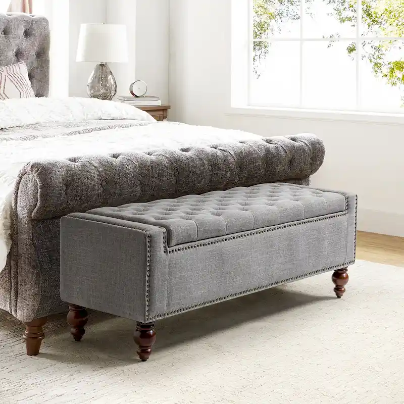 Classic Button-Tufted Flip-Top Storage Bench with Copper Nailhead Trims