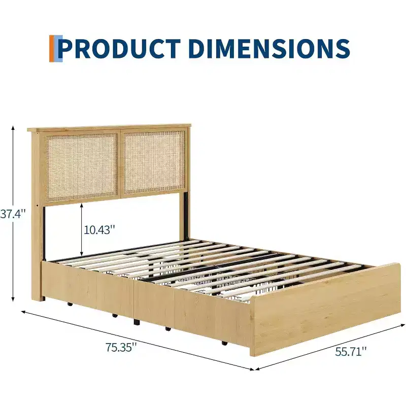 Boho Rattan Platform Bed Frame with LED Lights & Natural Headboard, Wood Slats Foundation, Noise-Free, No Box Spring Needed