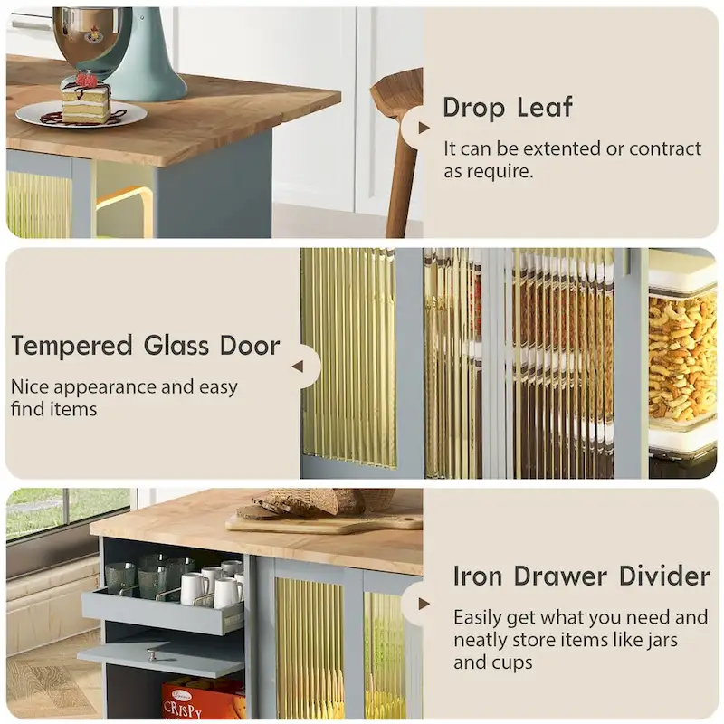 44 in. W Kitchen Island Rubber Wood Drop-Leaf Countertop on 5 Wheels with an Adjustable Shelf and 2 Drawers - 44