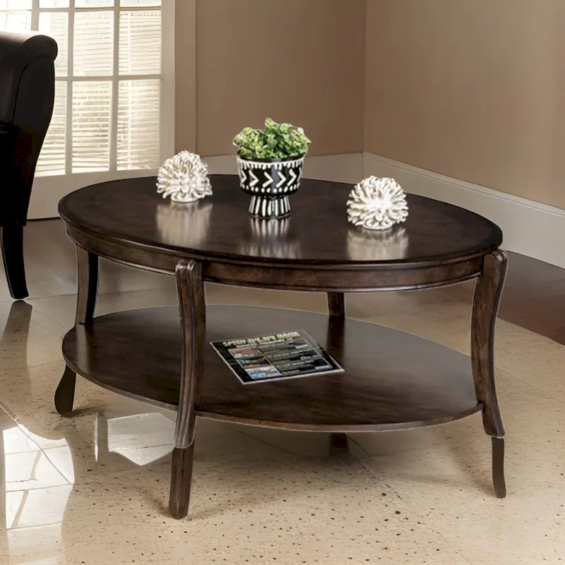 Coffee Table with Open Shelves, 49 Inch Oval Top, Brown Wood
