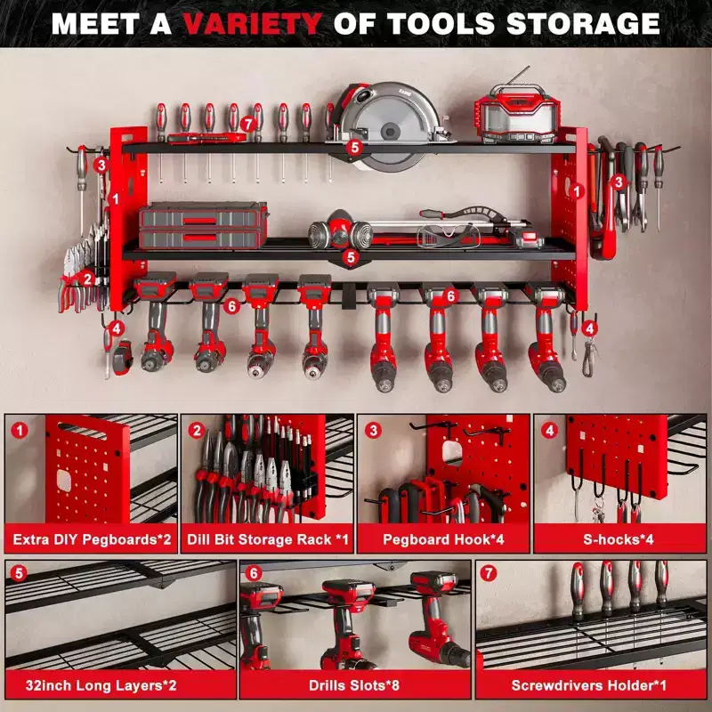 Hausource 3-Tier Power Tool Organizer Shelving Heavy Duty Storage Rack, Red