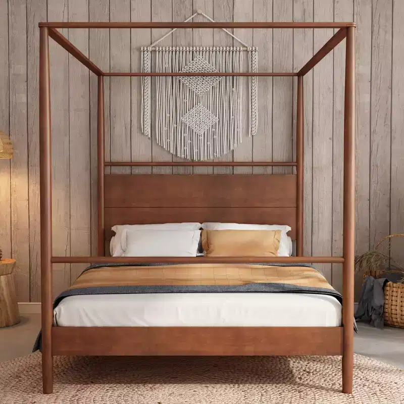 Modern Rustic Solid Wood Canopy Bed Frame with Built-in Headboard