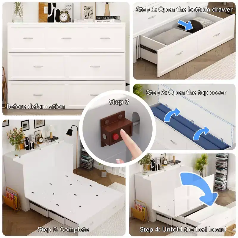 White Pull-Out Murphy Bed with Drawer & Charging Station – Full/Queen, 1–2 Person