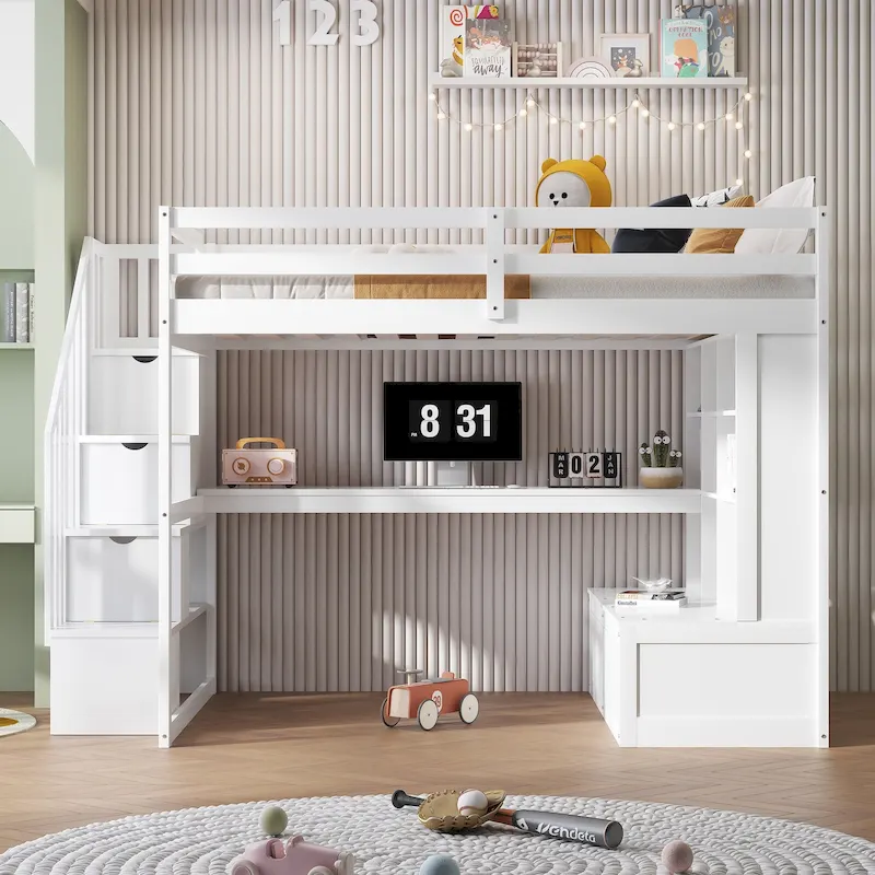 Full Size Loft Bed w/Desk,Shelves,Built-in Drawers,Storage Staircase
