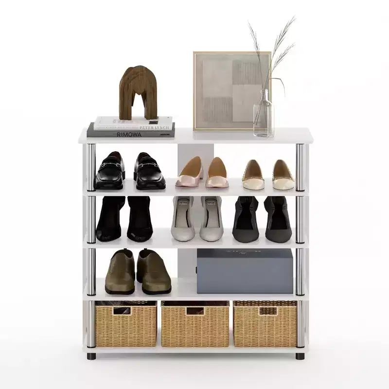 Furinno Entryway Freestanding Shoe Rack 5-Tier Large Shoe Storage Organizer W/Stainless Steel Tubes for 16-20 Pairs,White Oak