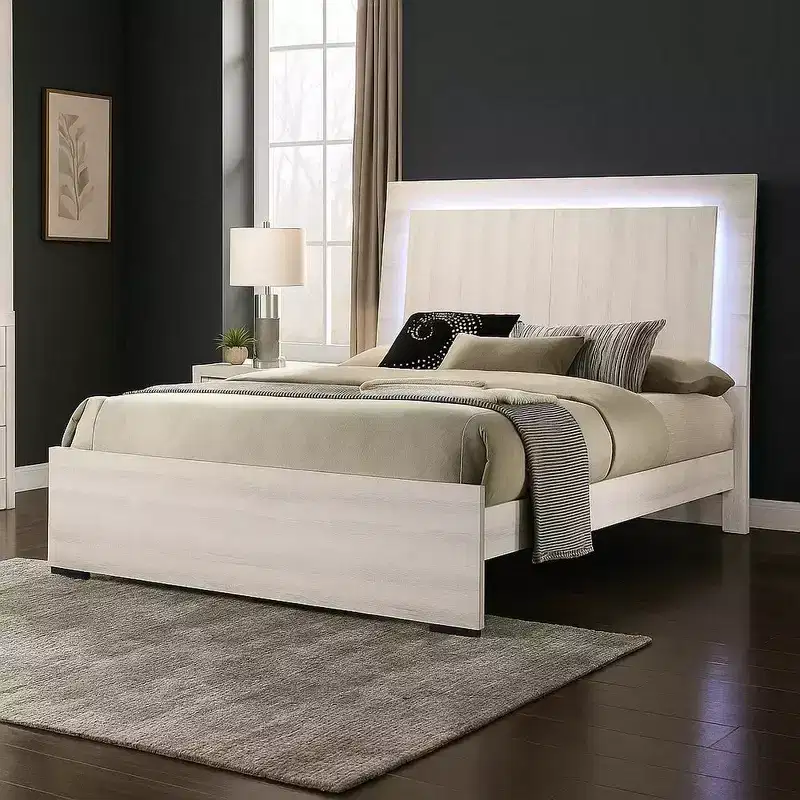 Royal Hampton Queen Size Bed W Led On Headboard, Antique White Wash Finsih