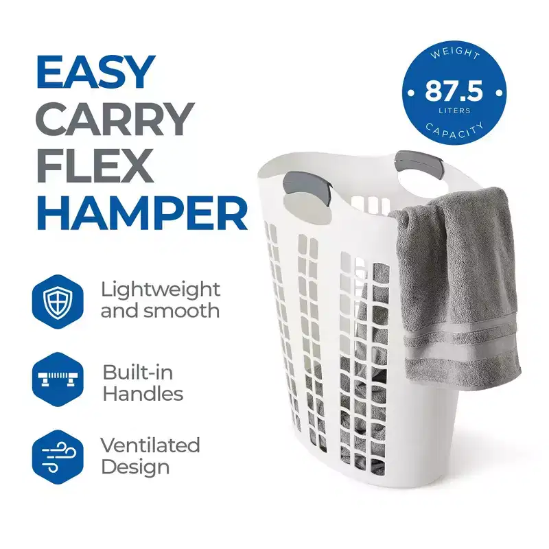 Large Ventilated Plastic Laundry Hamper 87.5L with Handles Slim Design 5-Pack White