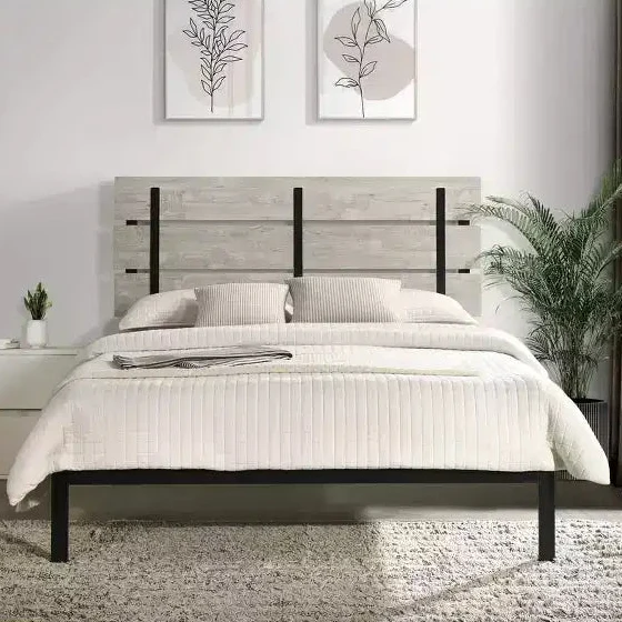 Metal Platform Bed Frame with Wood Headboard, Gray, Multiple Sizes