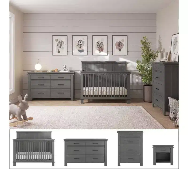 Child Craft Denman Crib, Dresser, Chest, and Nightstand 4-Piece Nursery Set, Grows with Your Baby