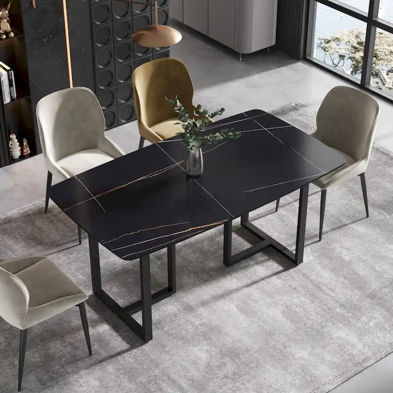 63-Inch Dining Table with Sintered Stone Tabletop and Metal Base