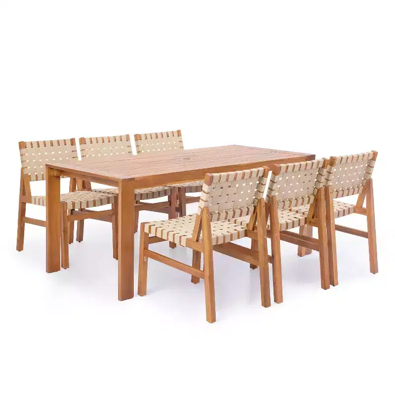Christopher Knight Home Ratchanon Modern 7 Piece Acacia Wood Patio Side Chairs with PE Woven Rope and Slatted Table