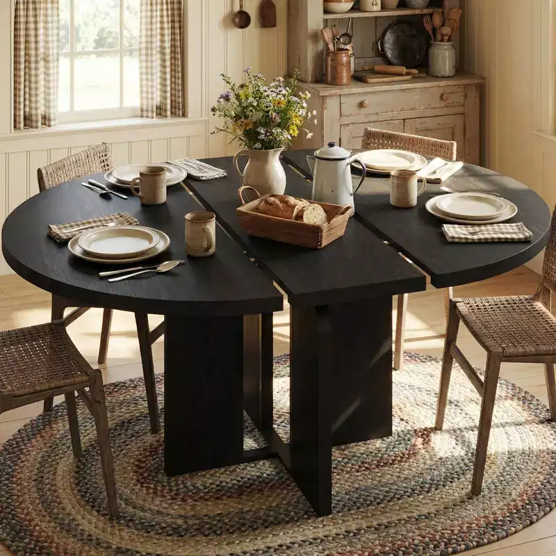 Farmhouse Extendable Round Dining Table 47-63 Inch Expandable Wooden Kitchen Table with Wider Leg Metal Support for 4-8 Apartment Space Save