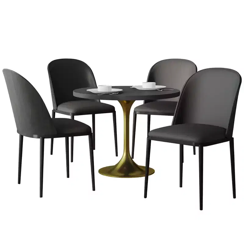 LeisureMod Verve 5-Piece Dining Set - 36 Round MDF Top Table, 4 Leather Dining Side Chairs
