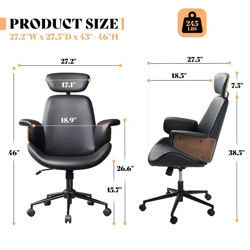 Office Chair with Wheels, PU Leather Swivel Desk Chair, Bentwood Arms, Height Adjustable