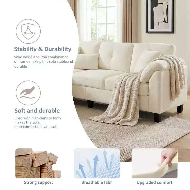 Dyonery 76.4-inch Modern Style Three-seater Sofa with Armrests and Pillows in Chenille Beige
