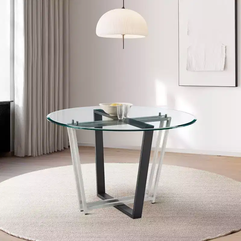 Round Glass Brushed Stainless Steel and Iron Base Dining Table