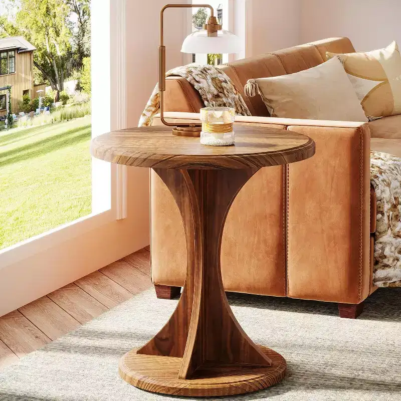 Wood Small Round End Side Table for Living Room