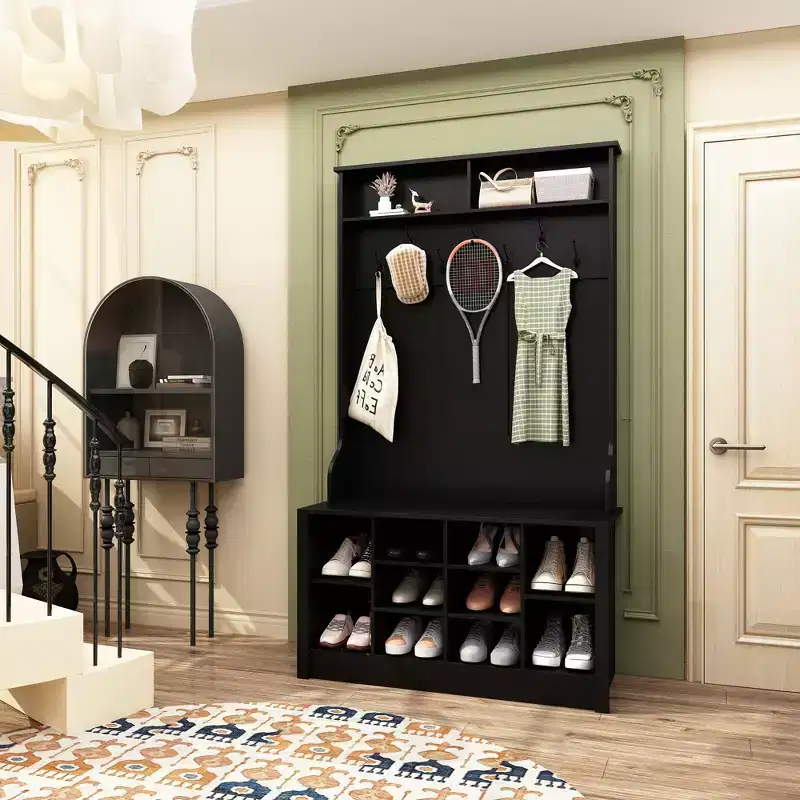 Famapy Wood 3-in-1 Hall Tree Bench with Double Hooks and Shelves