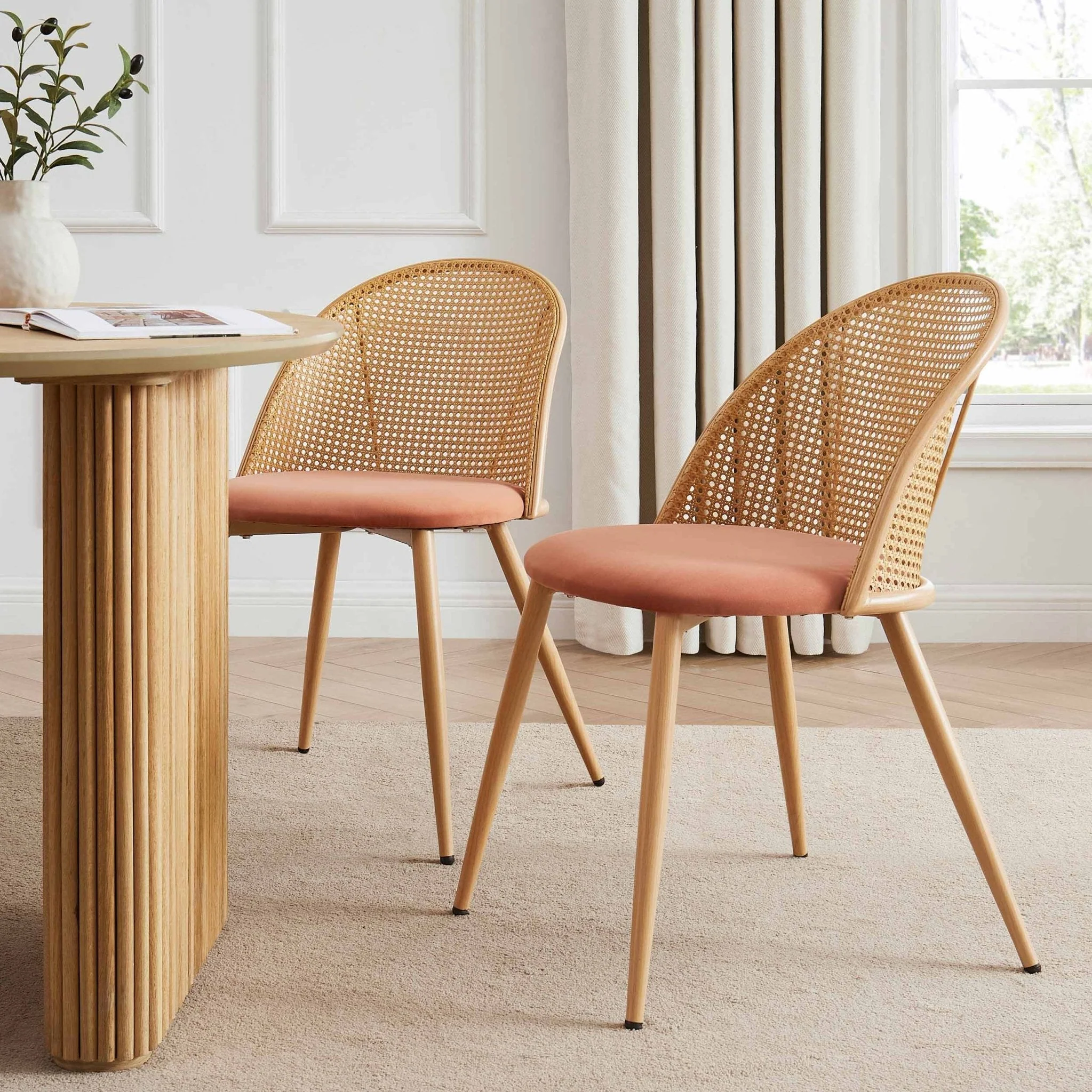 Boho Apricot Fabric Dining Chair with Natural Wood Frame for Dining Room