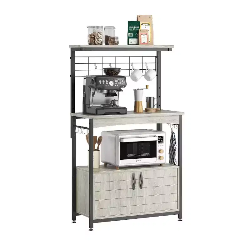 Height-Adjustable Microwave Stand Baker's Rack with Cabinet, Hooks & Wheels, Kitchen Storage