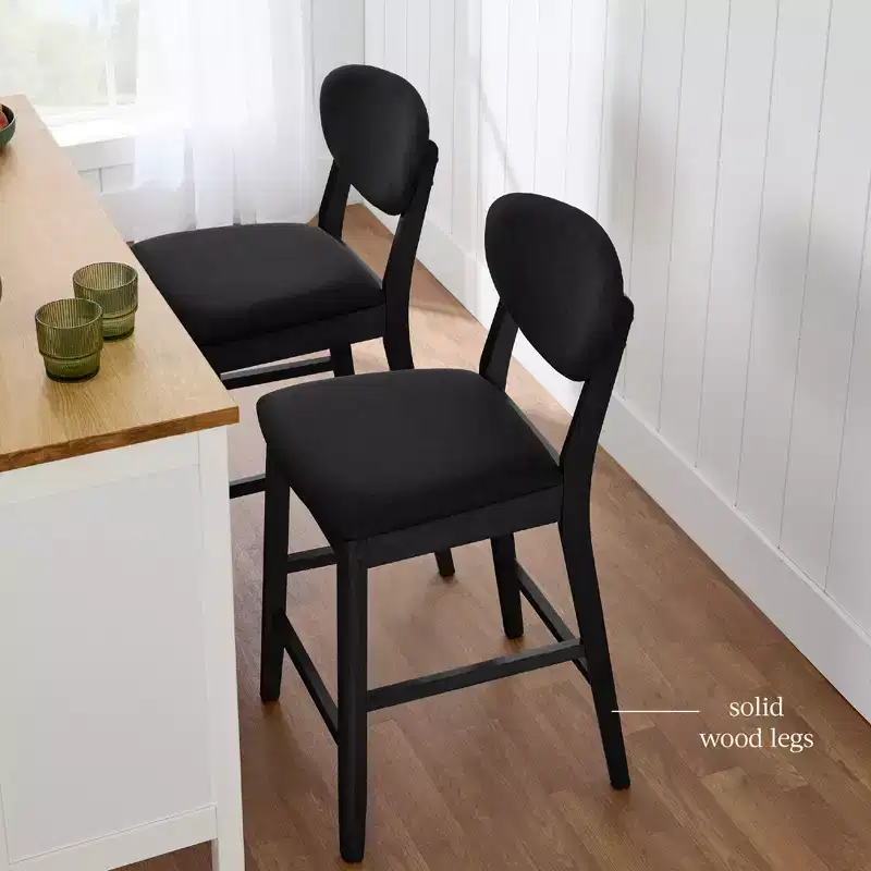 2-Piece Mid-Century Modern Wood and Upholstered Counter Height Bar Stool Set
