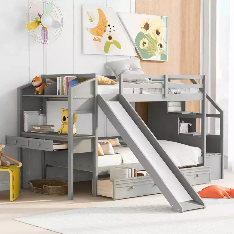 Twin over Twin Bunk Bed with Storage Staircase, Slide, Drawers, and Desk with Drawers and Shelves